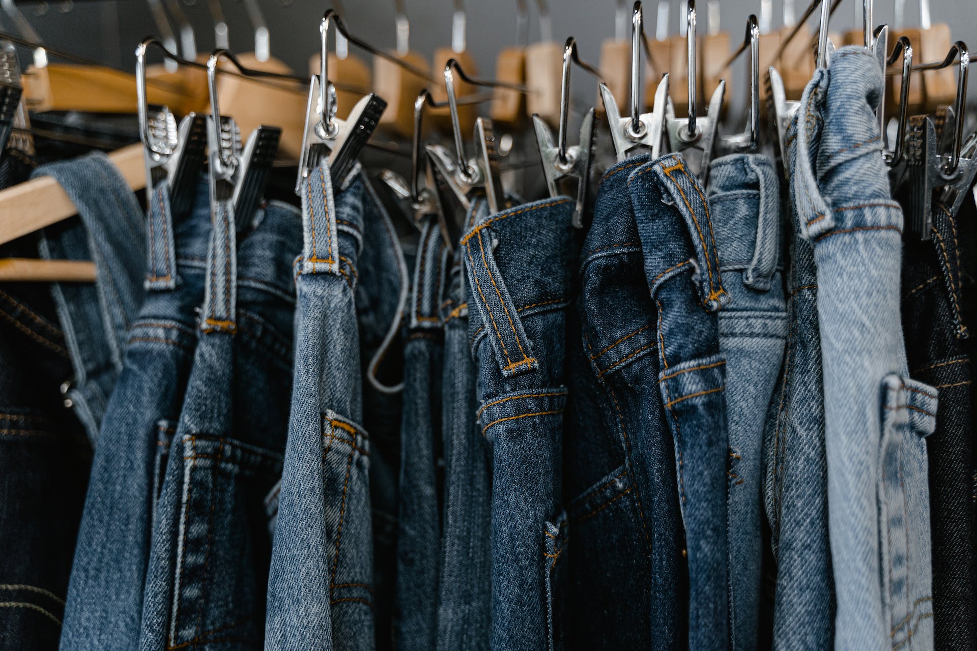Close up of a rack of denim jeans
